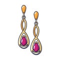 Gold ruby earrings icon, cartoon style