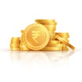 Gold rupee coins. Indian money, stacked golden coins. Rupee cash, currency isolated on white background vector icons