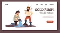 Gold rush website banner with gold diggers and miners, flat vector illustration.