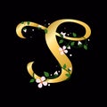 Gold S letter with flowers, alphabet illustration on black