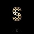 Gold S letter. Linear monogram on a dark background. Logo consist of three gold lines.