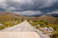 The gold`s road, San Luis, Argentina, which climbs steppe mountains. Seen from below while a heavy storm is coming