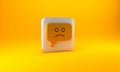 Gold Sad smile icon isolated on yellow background. Emoticon face. Silver square button. 3D render illustration