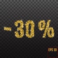 Gold sale 30 percent. Golden sale 30% percent on transparent background. Shine salling background for