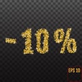 Gold sale 10 percent. Golden sale 10% percent on transparent background. Shine salling background for