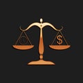 Gold Scale weighing money and time icon isolated on black background. Scales with hours and a coin. Balance between work Royalty Free Stock Photo