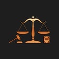 Gold Scales of justice, gavel and book icon isolated on black background. Symbol of law and justice. Concept law. Legal
