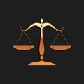 Gold Scales of justice icon isolated on black background. Court of law symbol. Balance scale sign. Long shadow style Royalty Free Stock Photo