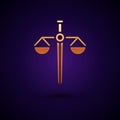 Gold Scales of justice icon isolated on black background. Court of law symbol. Balance scale sign. Vector Illustration Royalty Free Stock Photo