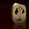 Gold Scales of justice icon isolated on brown background. Court of law symbol. Balance scale sign. Minimalism concept Royalty Free Stock Photo