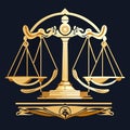 Gold scales of justice isolated on dark background. Vector stock illustration. Generative AI Royalty Free Stock Photo