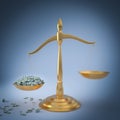 Gold scales of justice with wads of dollars