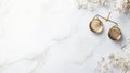 Justice Scales and White Flowers on Marble Background Royalty Free Stock Photo