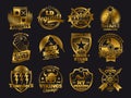 Gold school emblems, college athletic teams sports labels isolated on black background