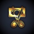 Gold Scissors cutting money icon isolated on black background. Price, cost reduction or price reduction icon concept Royalty Free Stock Photo