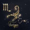 Gold Scorpio zodiac sign poster with scorpion zodiac figure, symbol glyphs, constellation and name