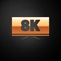 Gold Screen tv with 8k Ultra HD video technology icon isolated on black background. Vector