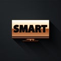 Gold Screen tv with Smart video technology icon isolated on black background. Long shadow style. Vector. Royalty Free Stock Photo
