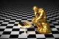 Gold Sculpture Thinker Pondering The Chess Game