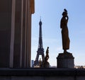 Gold Sculptures on Trocadero with Eiffel Tower on background, Paris