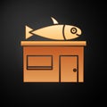 Gold Seafood store icon isolated on black background. Facade of seafood market. Vector.