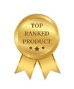 Gold seal with ribbons for top ranked product, medal for best quality, award for first place winners