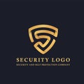 Gold security logo and business card template. Shield sign in line, flat style with overlapping effect. Vector illustration