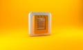 Gold Server, Data report icon isolated on yellow background. Silver square button. 3D render illustration