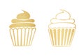 Gold set of cupcakes bakery logo. Golden icon, sweet logo isolated on white background