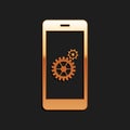 Gold Setting on smartphone screen icon isolated on black background. Mobile and gear. Adjusting app, set options, repair