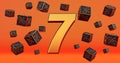 Gold seven 7 percent number with Black cubes percentages fly on a orange background.