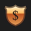 Gold Shield and dollar icon isolated on black background. Security shield protection. Money security concept. Long Royalty Free Stock Photo