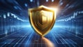 Gold shield icon layered over digital report layout with secure document visualization elements