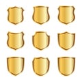 Gold shield shape icons set. 3D golden emblem signs isolated on white background. Symbol of security, power, protection