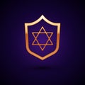 Gold Shield with Star of David icon isolated on black background. Jewish religion symbol. Symbol of Israel. Vector Royalty Free Stock Photo