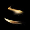 Gold shimmering waves motion lines, light bright effect on black abstract background, stars dust trail scatter vector illustration Royalty Free Stock Photo