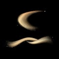 Gold shimmering waves sets, light bright luxury effect isolated on black abstract background, stars dust trail scatter, motion of