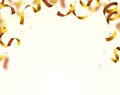 Gold shining confetti flying on white holiday background. Falling party confetti.