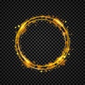 Gold shining round banner. Golden circle. Lights effects. Sparkle ring frame. Vector illustration