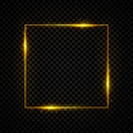 Gold shining square banner. Golden, sparkle, glowing neon light effect. Vector illustration.