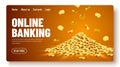Gold shiny coins. Big bunch of old metal money. Precious expensive treasure. Online banking landing page template or Royalty Free Stock Photo