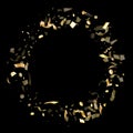 Holiday realistic gold confetti flying on black background.