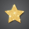 Gold shiny glitter glowing star on gray transparent background. Vector illustration Royalty Free Stock Photo