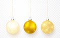 Gold shiny glitter glowing and transparent Christmas balls. Xmas glass ball on transparent background. Holiday decoration template Royalty Free Stock Photo