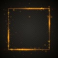 Gold shiny glitter glowing vintage frame with lights effects. Shining square banner on black transparent background. Vector