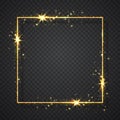 Gold shiny glitter glowing vintage frame with shadows isolated on transparent background. Golden luxury realistic rectangle border