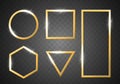 Gold shiny glowing frames set isolated on transparent background. Vector borders for creatice design, advertising, sales