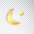 Gold shiny glowing half moon with star isolated on white background. Crescent Islamic for Ramadan Kareem design element Royalty Free Stock Photo