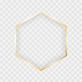 Gold shiny glowing hexagon frame isolated on transparent background. Vector border for creative design