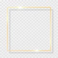Gold shiny glowing vintage frame with shadows isolated on transparent background. Golden luxury realistic rectangle border. Vector Royalty Free Stock Photo